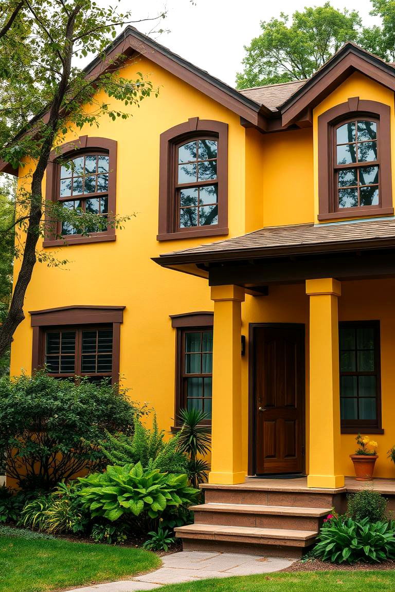 Earthy Yellow with Brown Trim - 24 Yellow Exterior Home Ideas