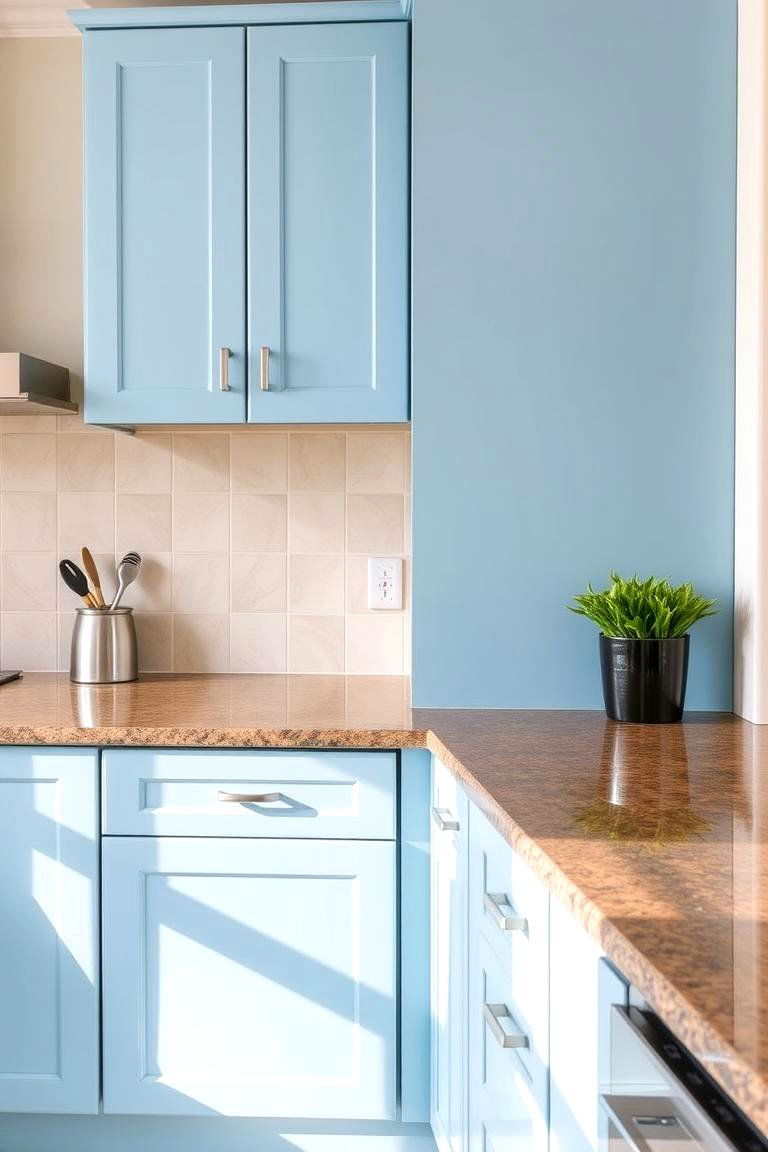 Easy Maintenance with Sleek Finishes - 24 blue kitchen cabinets with brown granite countertops