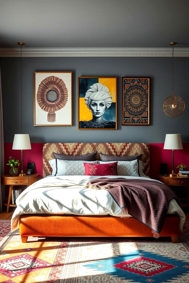 Eclectic Accent Walls - 24 Grey Boho Bedroom Ideas