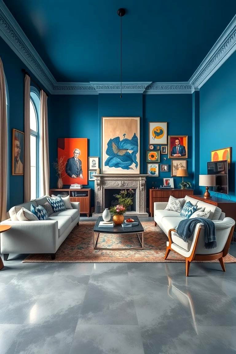 Eclectic Artistic Touch - 24 grey floor living room with blue walls ideas