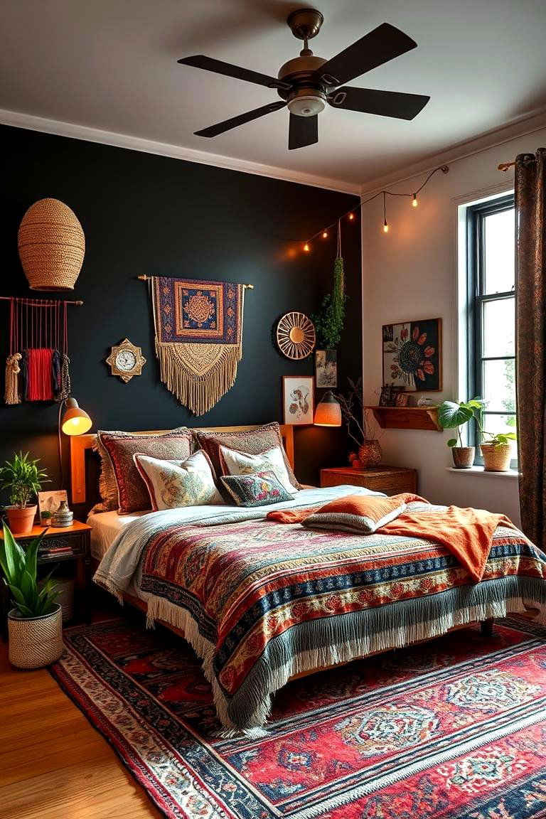 Eclectic Bohemian Vibe - 24 Black Accent Wall Bedroom Ideas