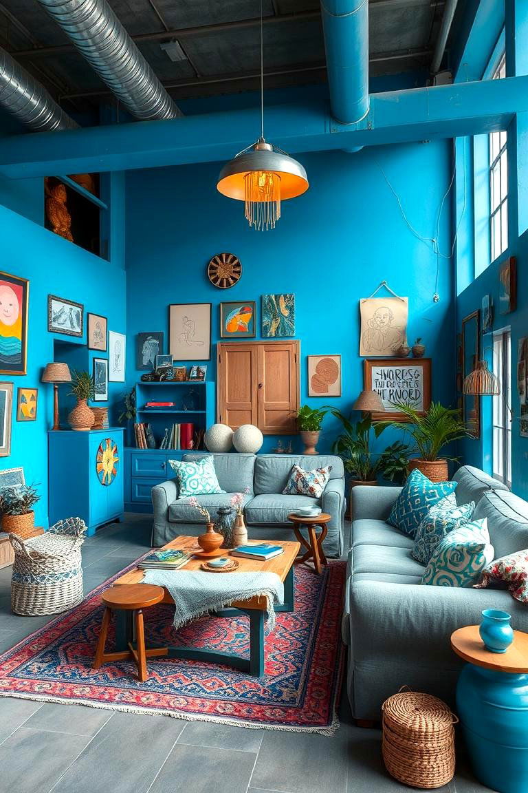 Eclectic Boho Vibrant Blue and Grey Mix - 24 Blue and Grey Living Room Ideas