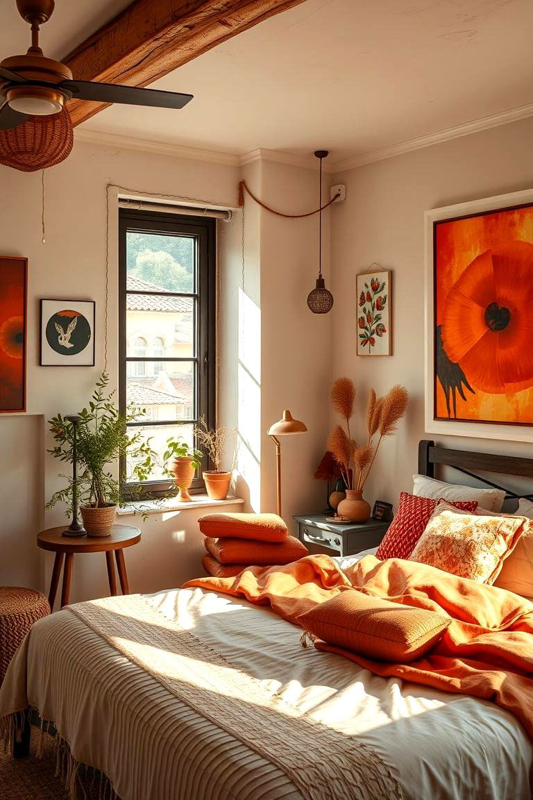 Eclectic Burnt Orange Art Displays - 24 Burnt Orange Bedroom Ideas