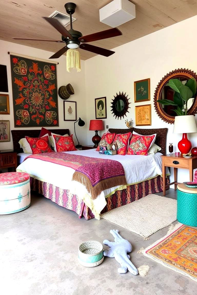 Eclectic Concrete Floor Bedroom with Patterned Textiles - 24 Concrete Floor Bedroom Ideas