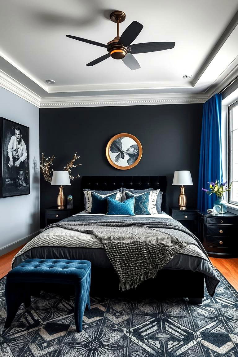 Eclectic Decor Merging Black and Blue Elements - 24 Black and Blue Bedroom Ideas
