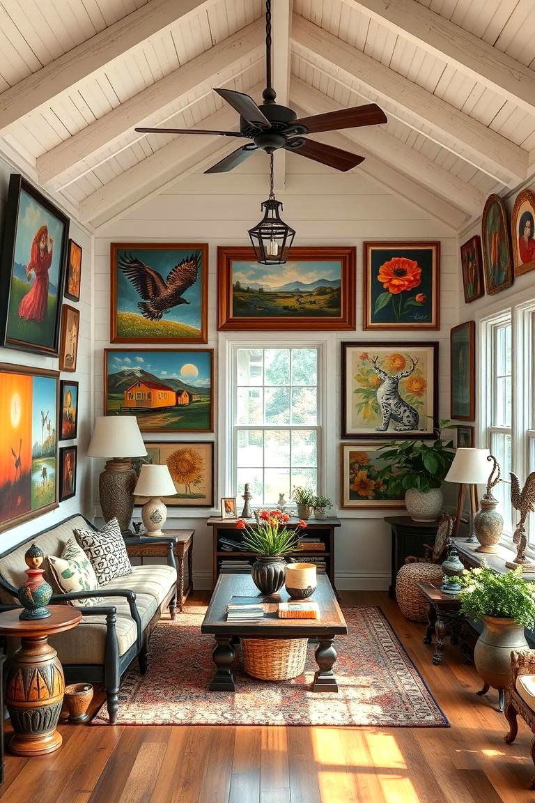 Eclectic Farmhouse Art Display - 24 Farmhouse Sunroom Ideas
