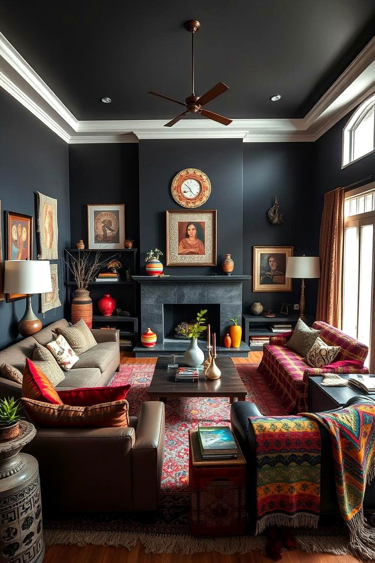 Eclectic Global Inspirations - 24 Contrasting Living Rooms With Dark Grey Walls