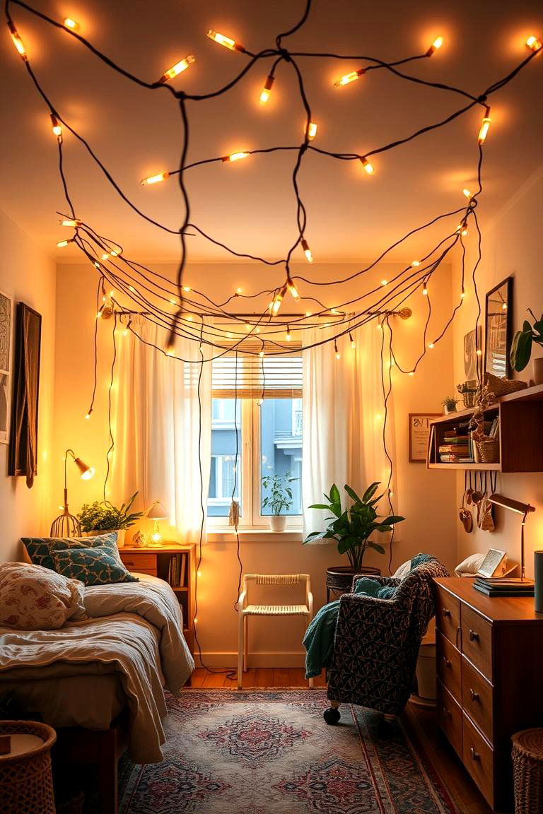Eclectic Lighting with String Lights - 24 Boho Dorm Room Ideas