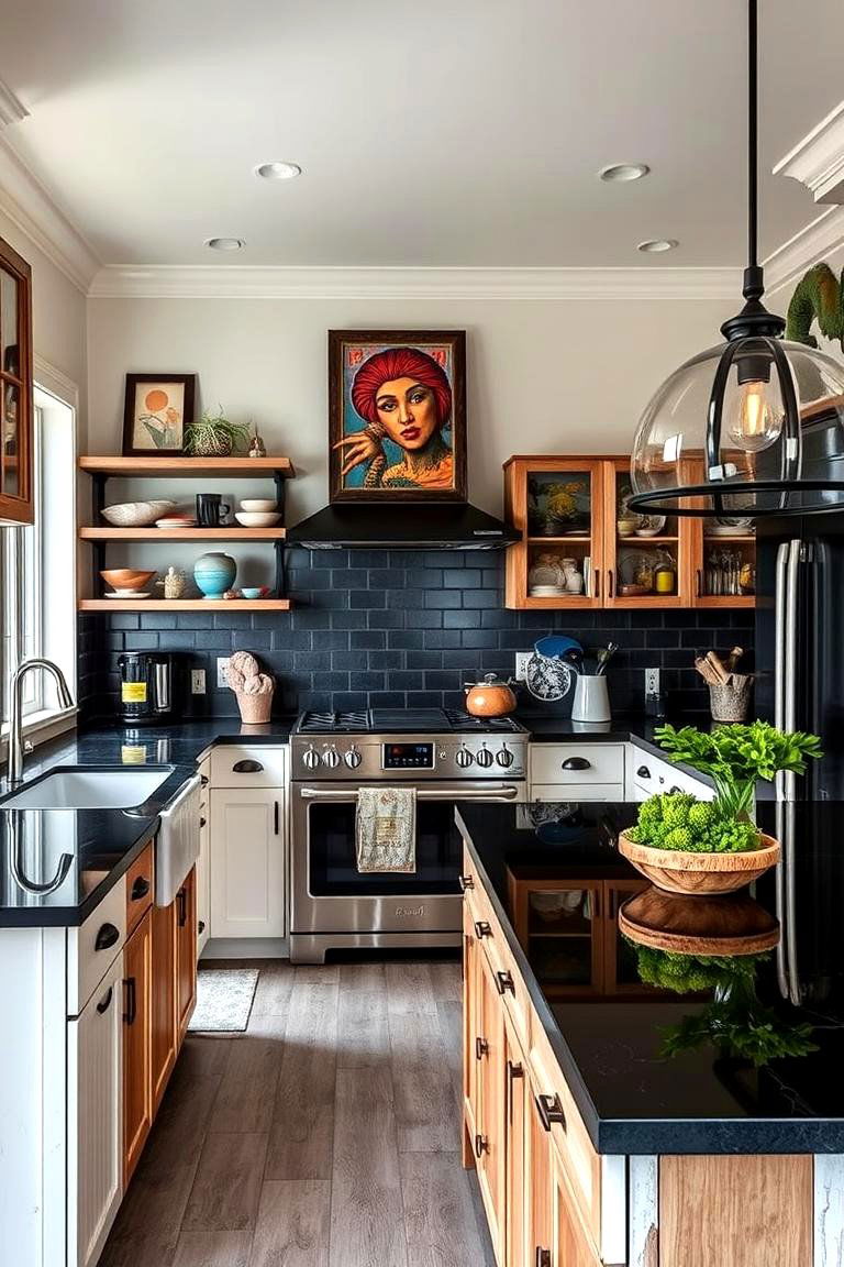 Eclectic Mix of Styles - 24 kitchen with dark countertops and light cabinets