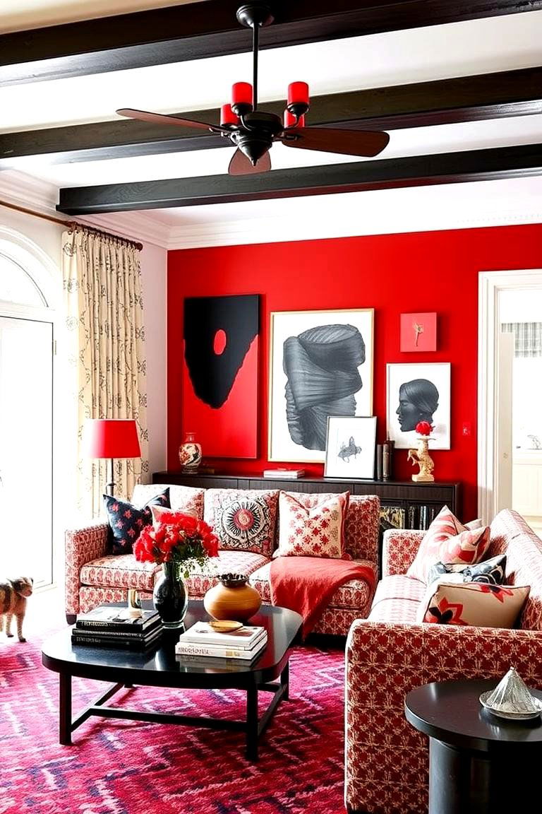 Eclectic Mix with Black Red and Patterned Elements - 24 Black and Red Living Room Ideas