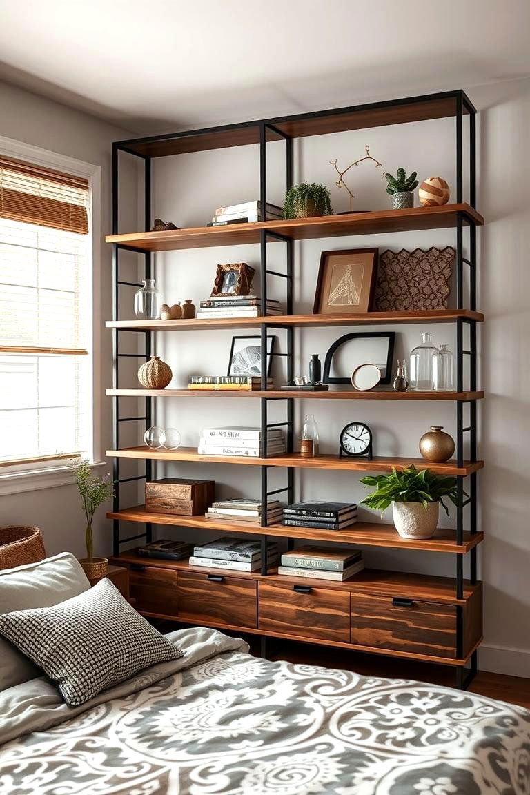 Eclectic Mixed Materials Shelves - 24 Bedroom Shelving Ideas