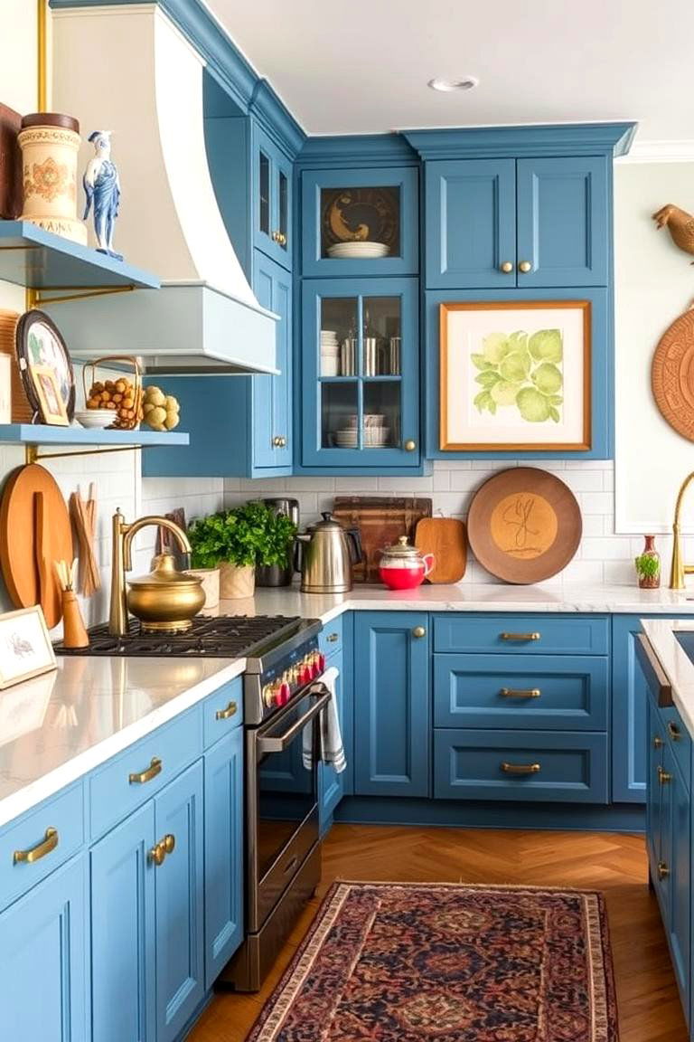 Eclectic Modern Mix - 24 blue kitchen cabinets with gold hardware