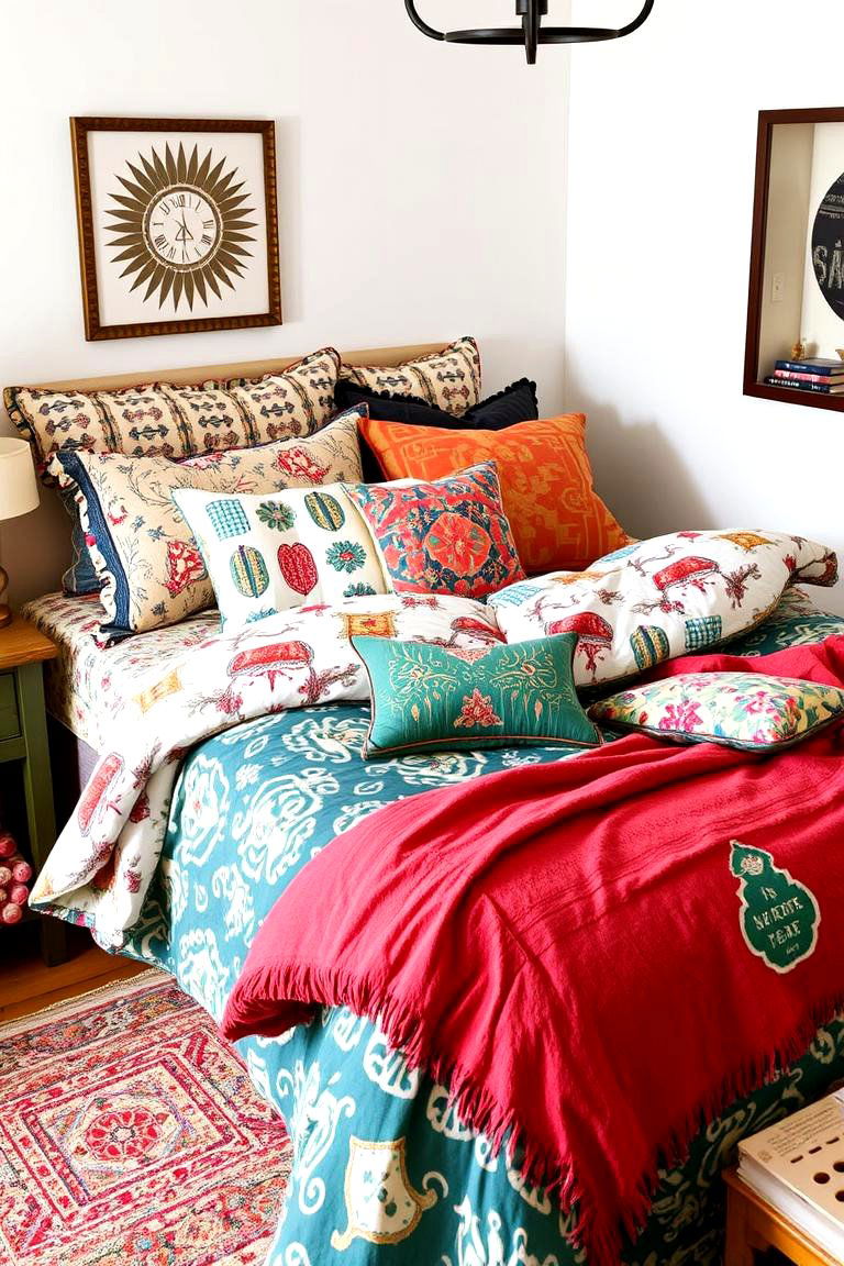 Eclectic Patterned Bedding - 24 Colorful Boho Bedroom Ideas