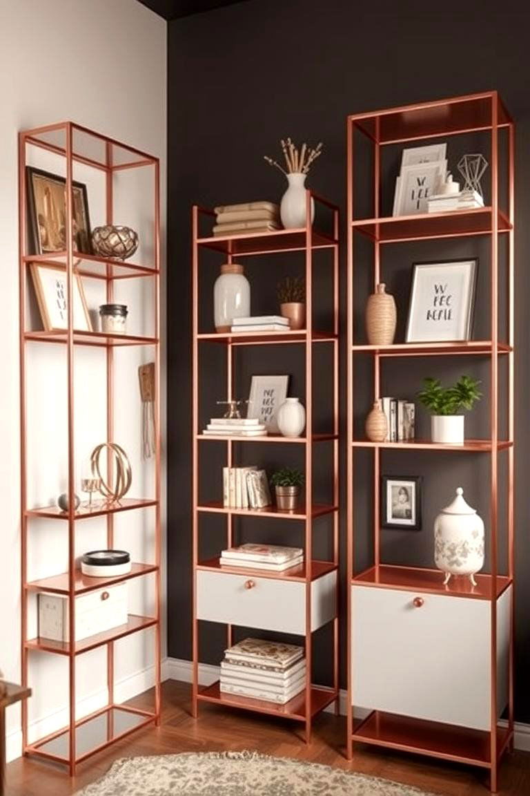 Eclectic Rose Gold Shelving Designs - 24 Rose Gold Bedroom Ideas