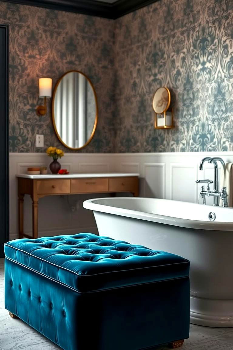 Eclectic Seating Option - 24 Maximalist Bathroom Design Ideas