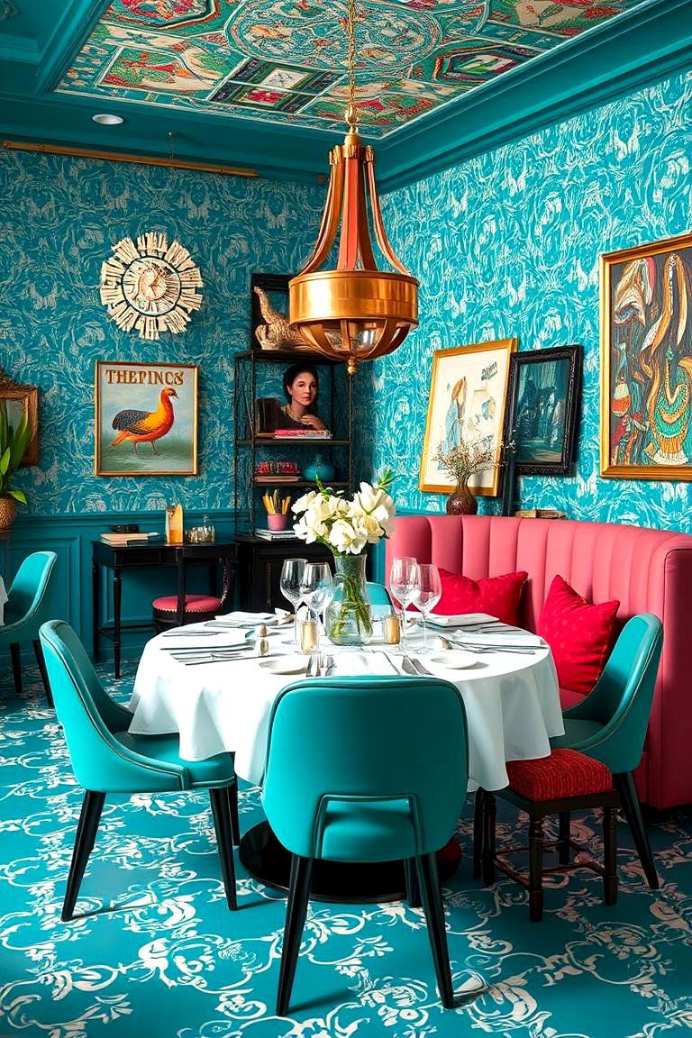 Eclectic Teal Patterned Dining - 24 Teal Dining Room Ideas