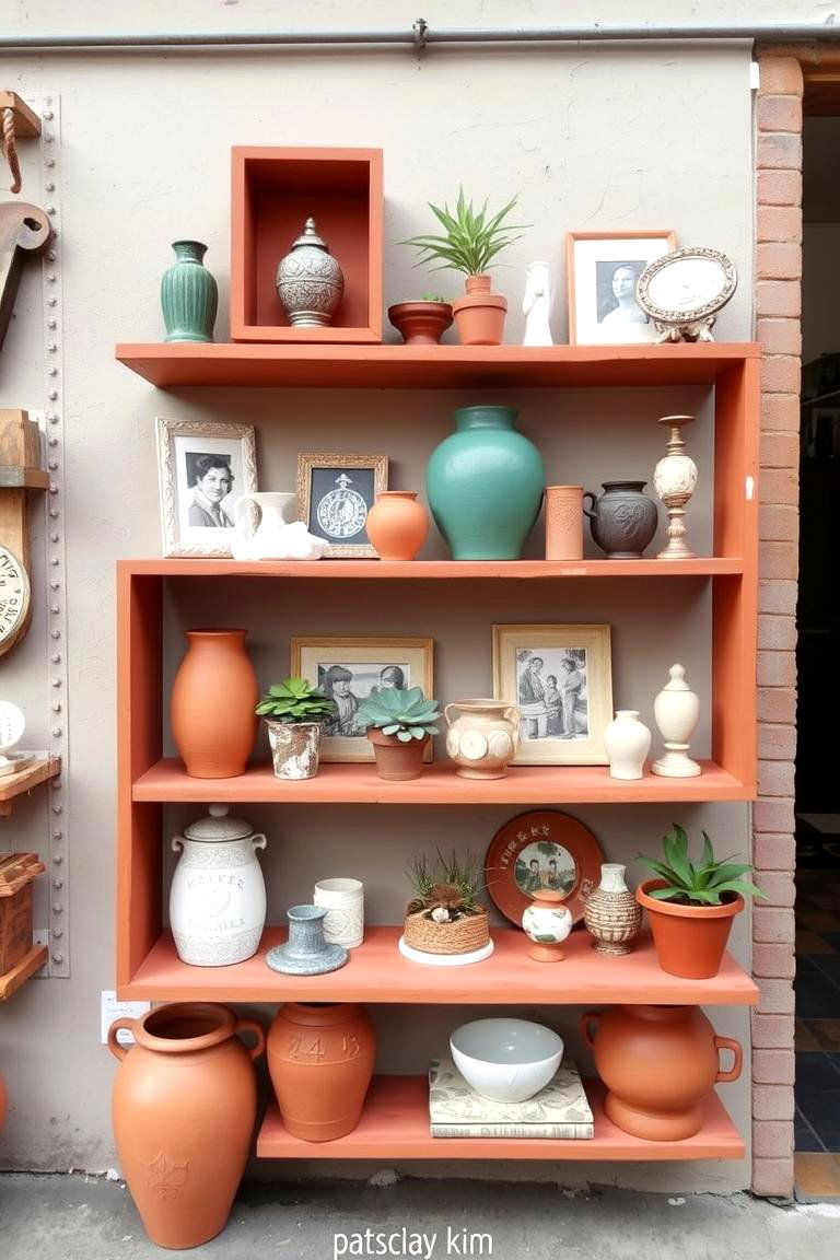 Eclectic Terracotta Shelves - 24 Terracotta Bedroom Ideas