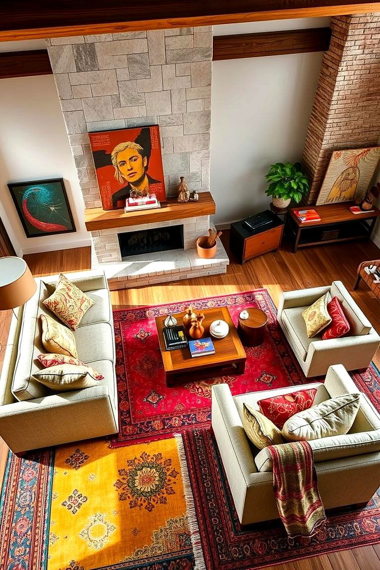 Eclectic Textural Mix with Bold Layers - 24 Living Room Ideas With Sectionals and Fireplace