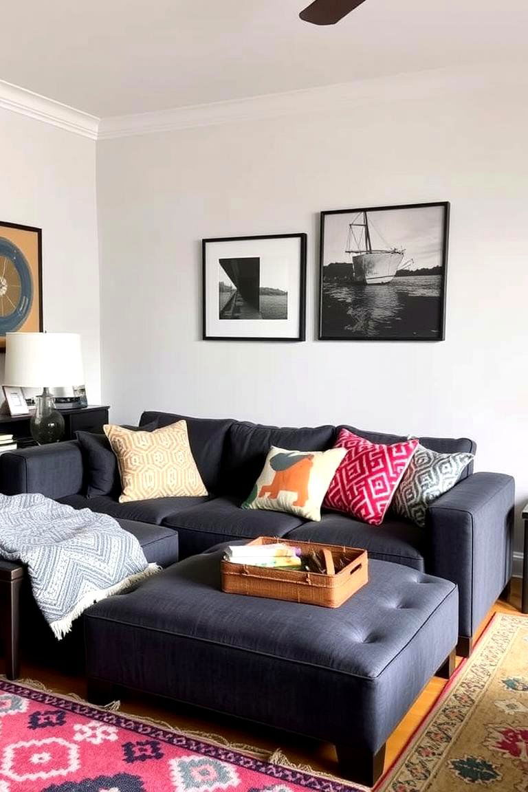 Eclectic Touches with Colorful Pillows - 24 dark grey couch living room ideas