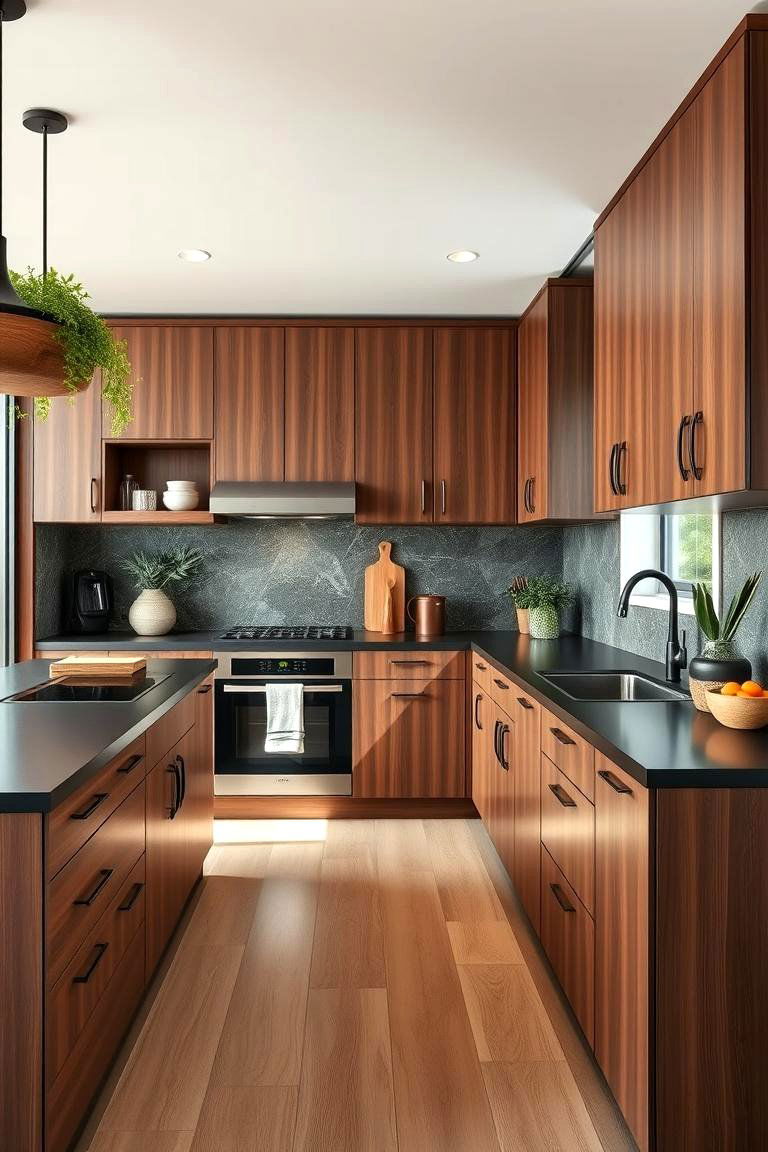 Eco Chic and Sustainable - 24 Brown Kitchen Cabinets With Black Countertops