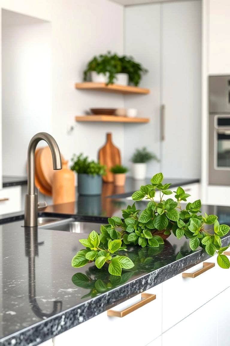 Eco Friendly Black Granite with Green Foliage - 24 Black and Green Kitchen Ideas