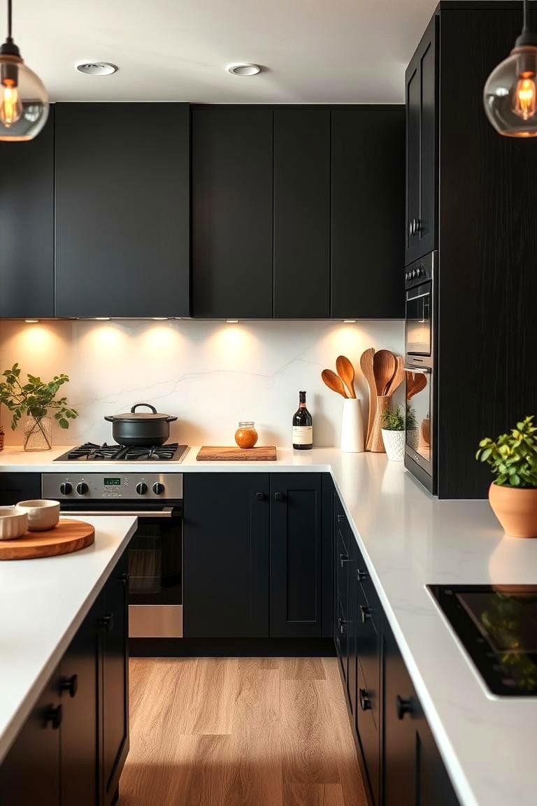 Eco Friendly Cabinetry Design - 24 Black Kitchen Cabinets With White Countertops