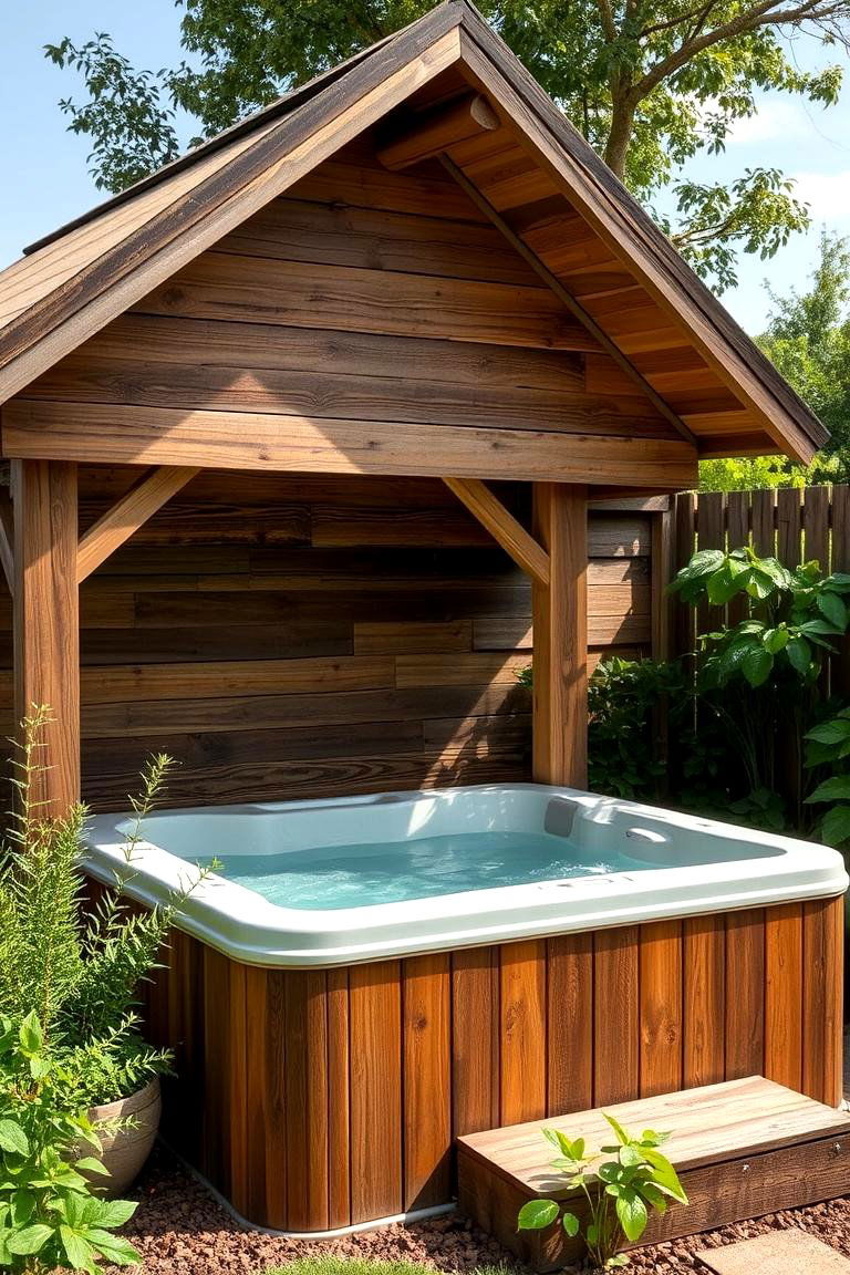 Eco Friendly Reclaimed Wood Enclosure - 24 Hot Tub Enclosure Ideas