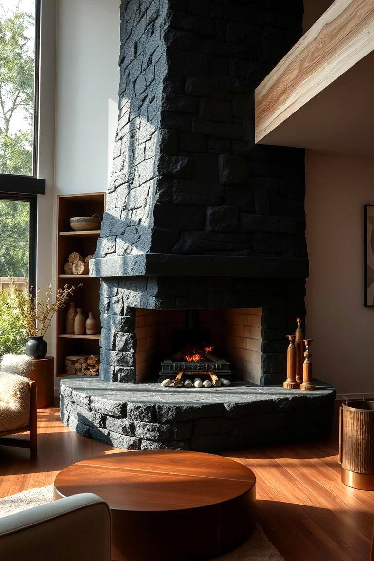 Eco Friendly Warmth - 24 Black Stone Fireplace Ideas
