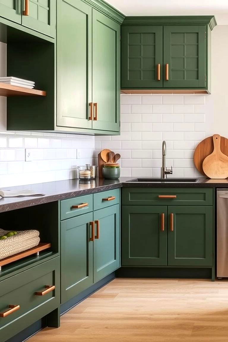 Eco friendly Green Cabinetry with Copper Handles - 24 Green and Copper Kitchen Ideas