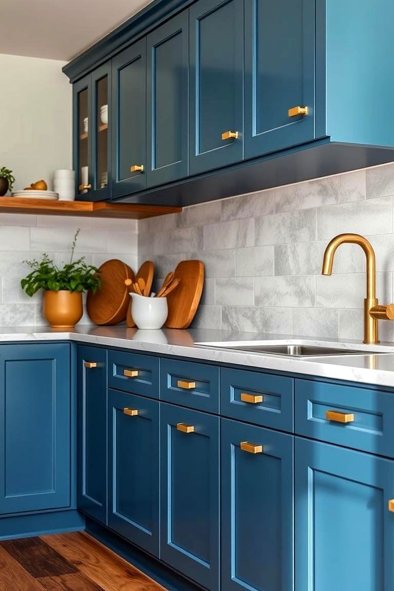 Ecologically Inspired Design - 24 blue kitchen cabinets with gold hardware