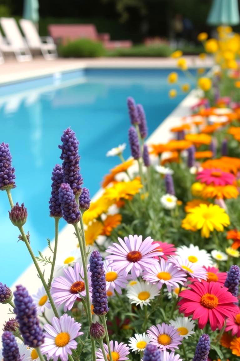 Edged Flower Beds with Colorful Blooms - 24 Above Ground Pool Landscaping Ideas