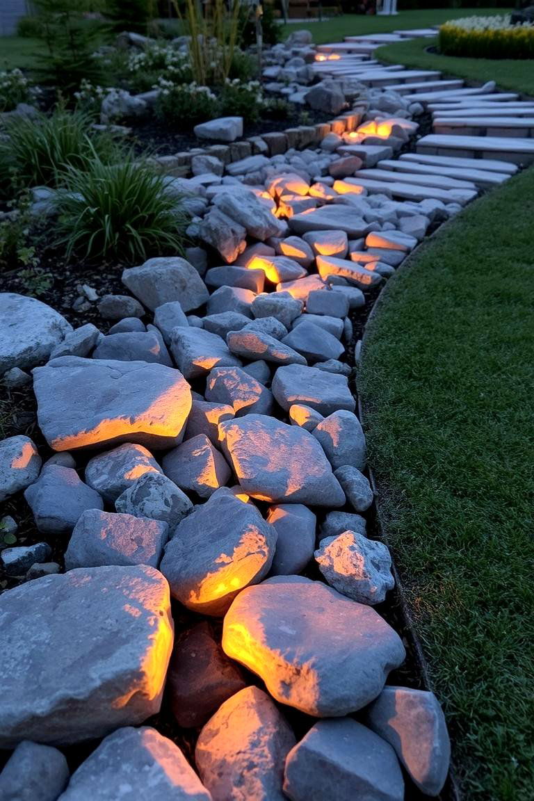 Edging with Integrated Lighting - 24 River Rock Edging Ideas