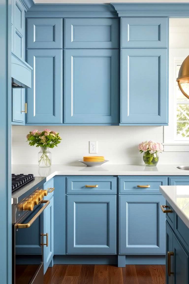 Effortless Classic Charm - 24 blue kitchen cabinets with gold hardware