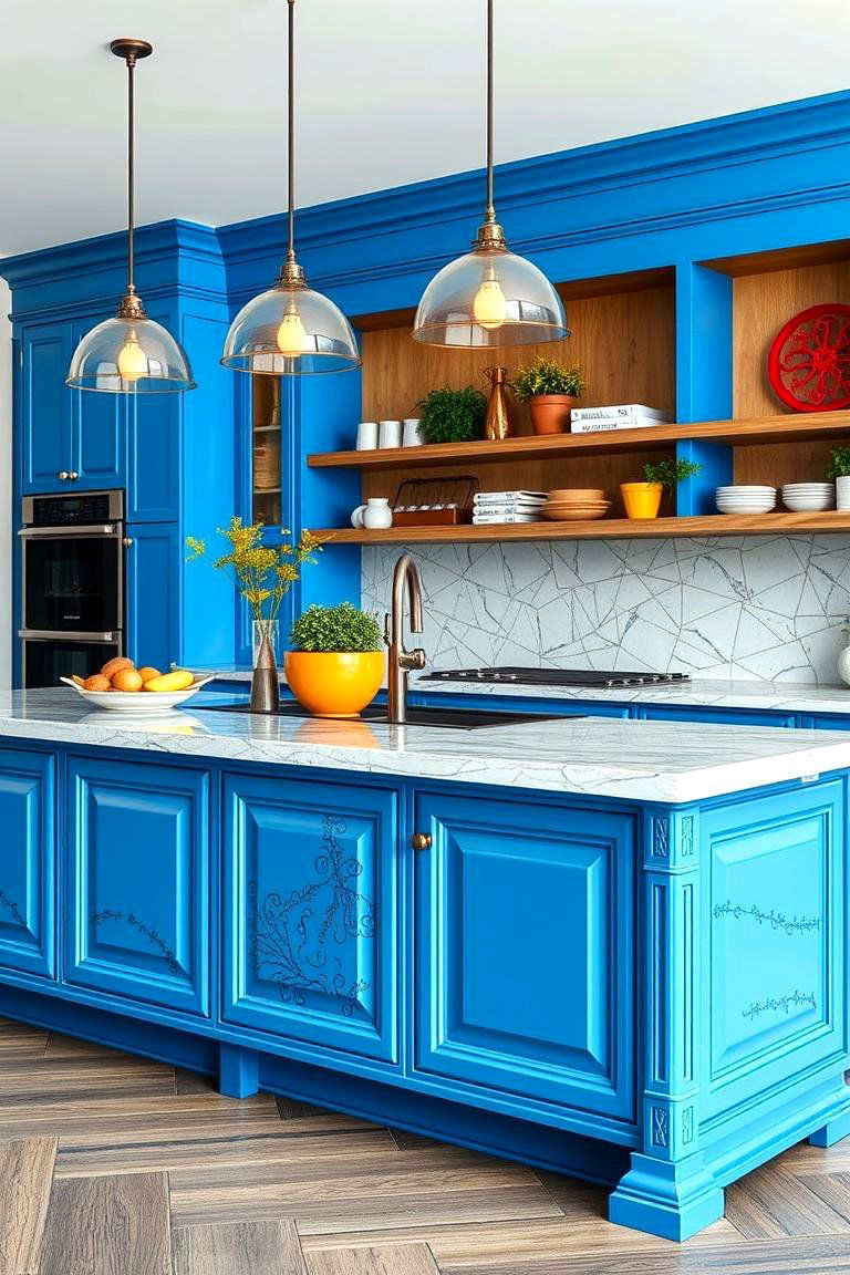 Electric Blue Artistic Island Design - 24 Blue Kitchen Island Ideas