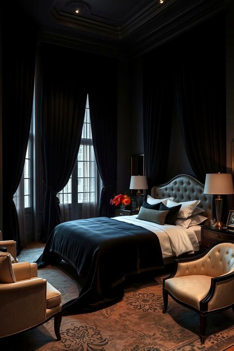 Elegant Black Drapery - 24 Black and White Bedroom Ideas