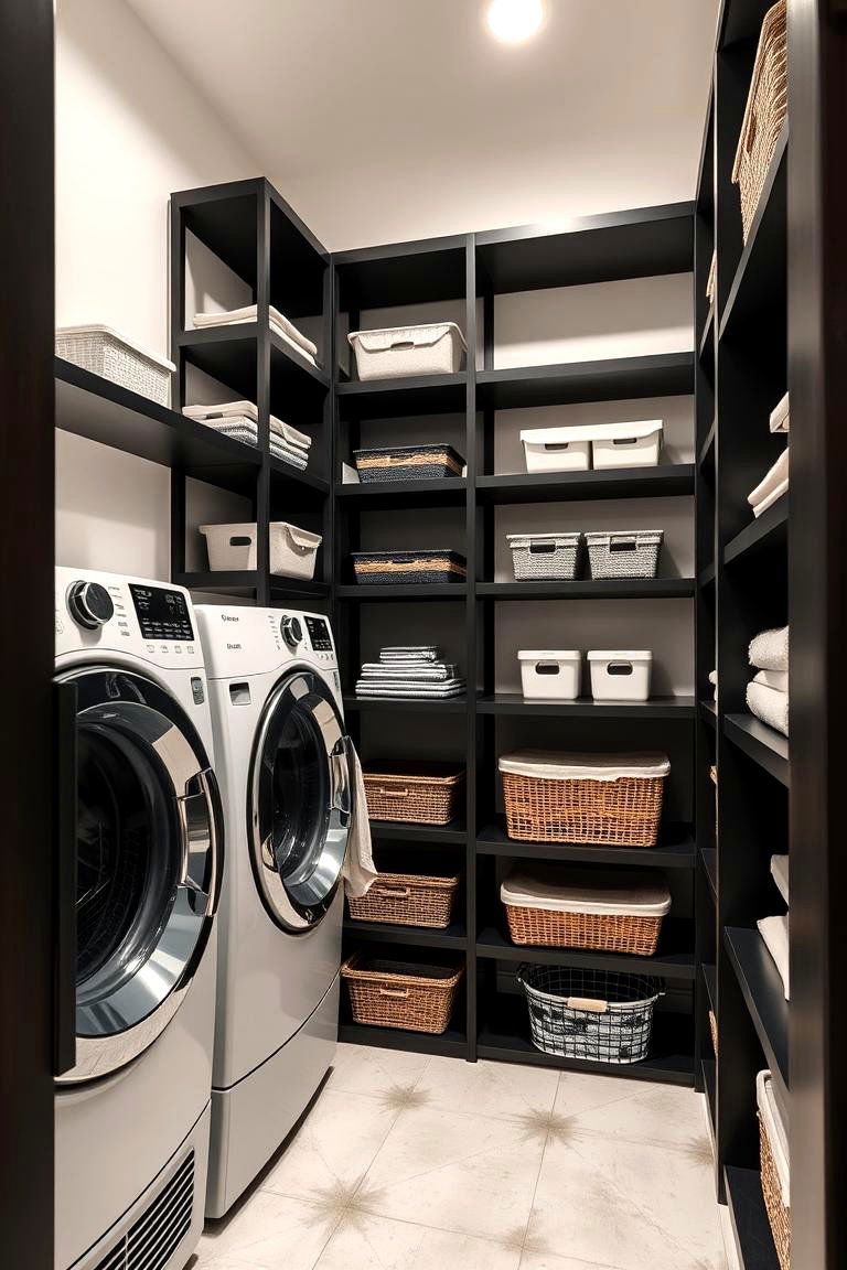 Elegant Black Shelving - 24 black laundry room ideas