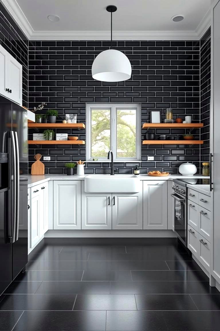 Elegant Black Subway Tile Floor - 24 Black Floor Kitchen Ideas