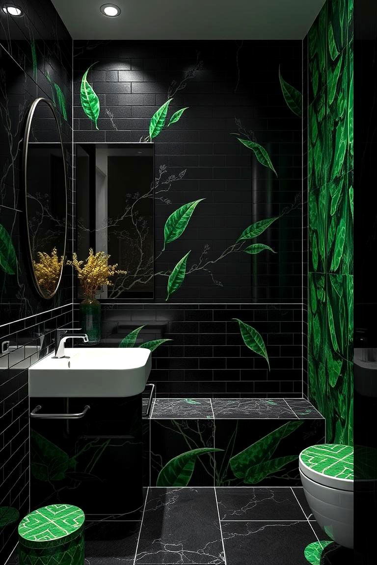 Elegant Black Tiles with Green Infused Designs - 24 Black and Green Bathroom Ideas