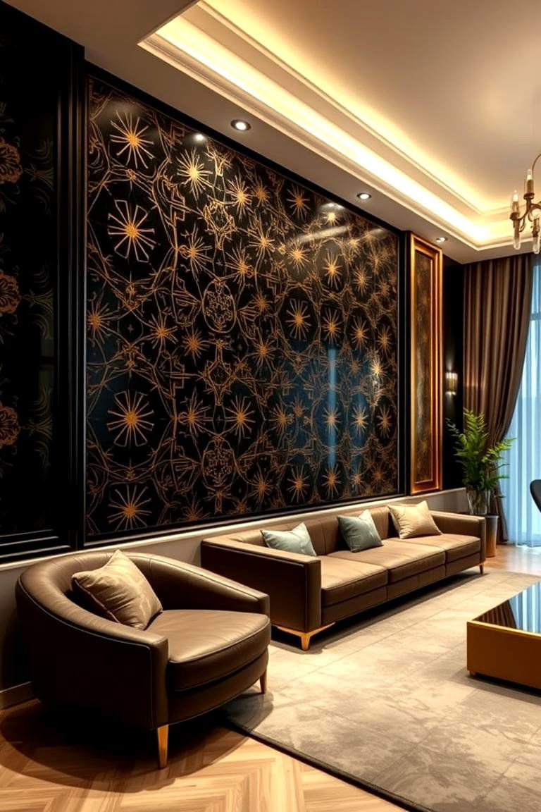 Elegant Black and Gold Accent Wall - 24 Black and Gold Living Room Ideas