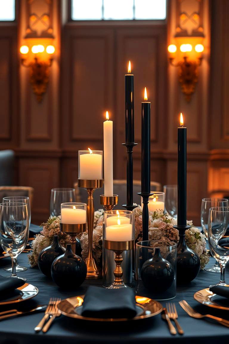 Elegant Black and Gold Candle Arrangement - 24 Black and Gold Centerpiece Ideas