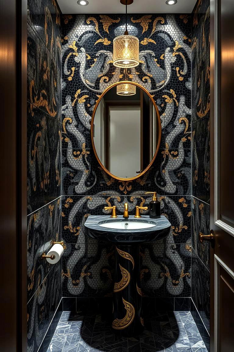 Elegant Black and Gold Mosaic Art - 24 black and gold powder room ideas
