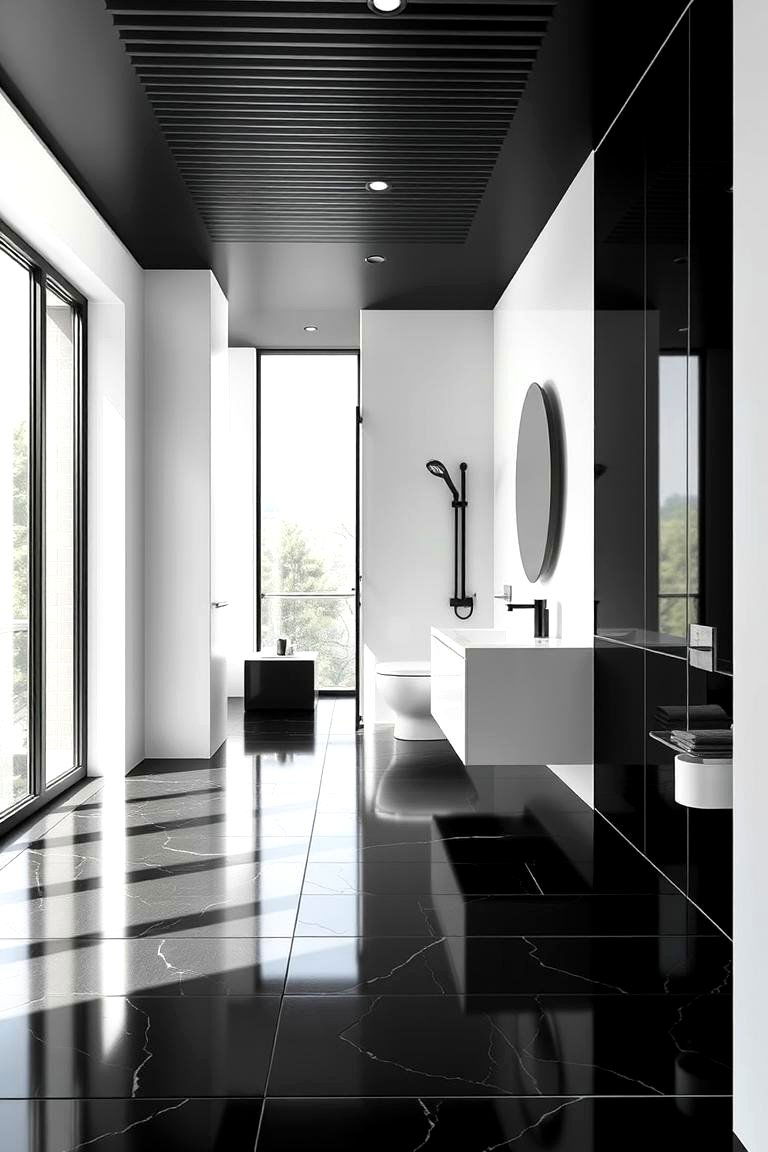 Elegant Black and White Contrast - 24 Black Floor Bathroom Ideas