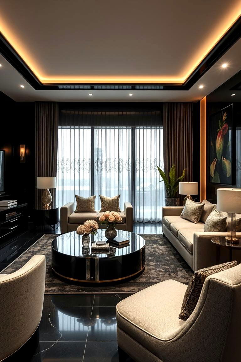 Elegant Black with Metallic Touch - 24 Black Living Room Ideas