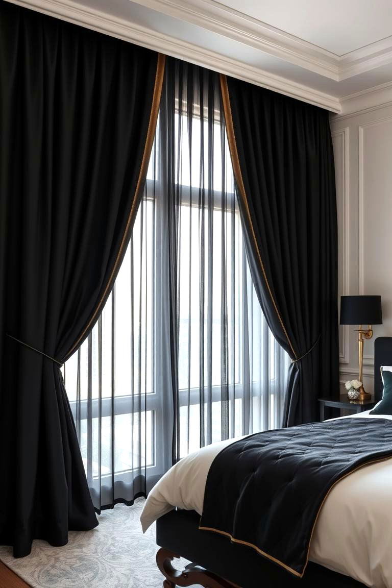 Elegant Blackout Curtains with Gold Trims - 24 Black and Gold Bedroom Ideas