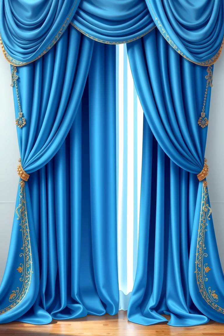 Elegant Blue Curtains with Gold Embellishments - 24 Blue and Gold Bedroom Ideas