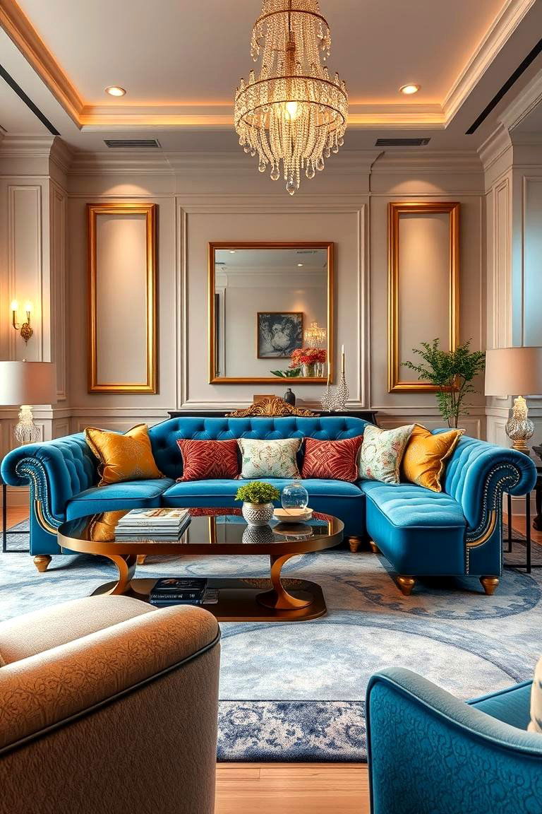 Elegant Blue Sofa with Gold Accents - 24 Blue and Gold Living Room Ideas