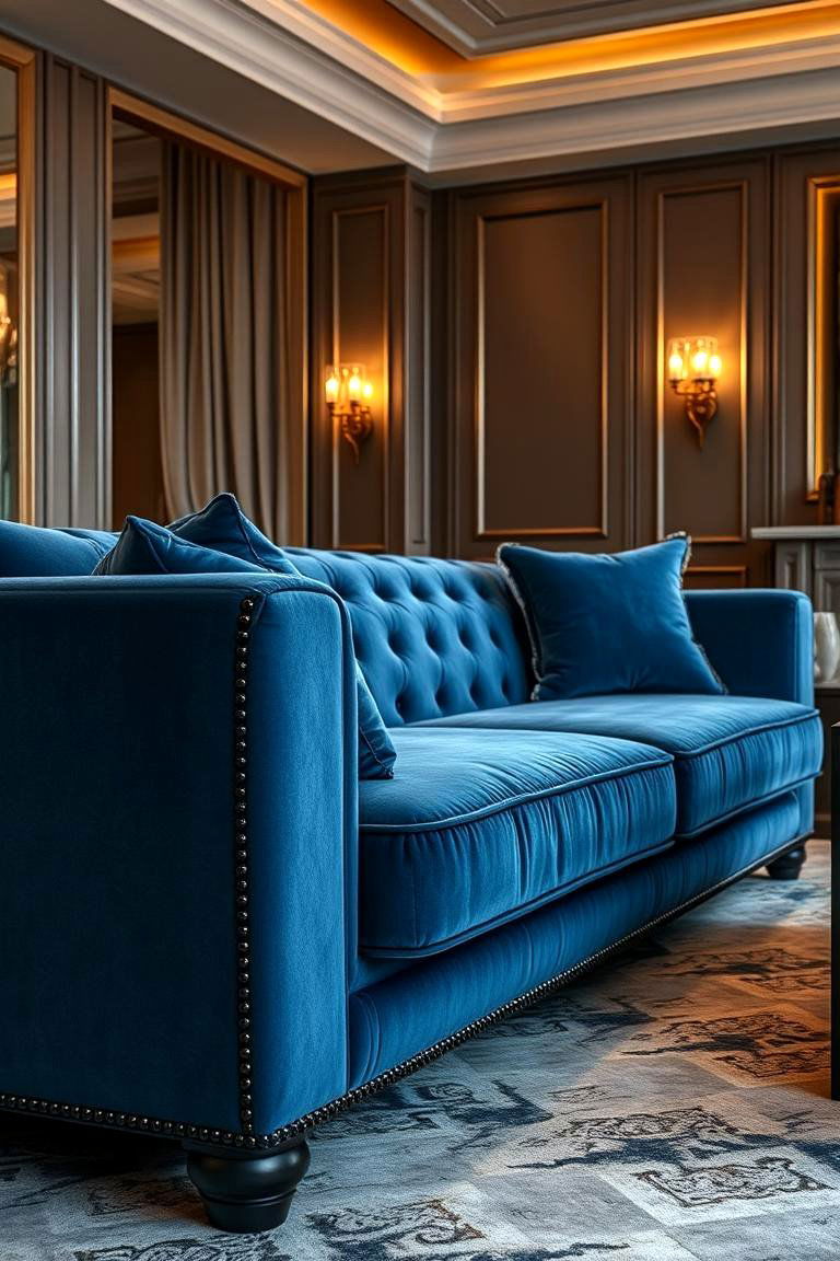 Elegant Blue Velvet Sofa with Black Detailing - 24 Black and Blue Living Room Ideas