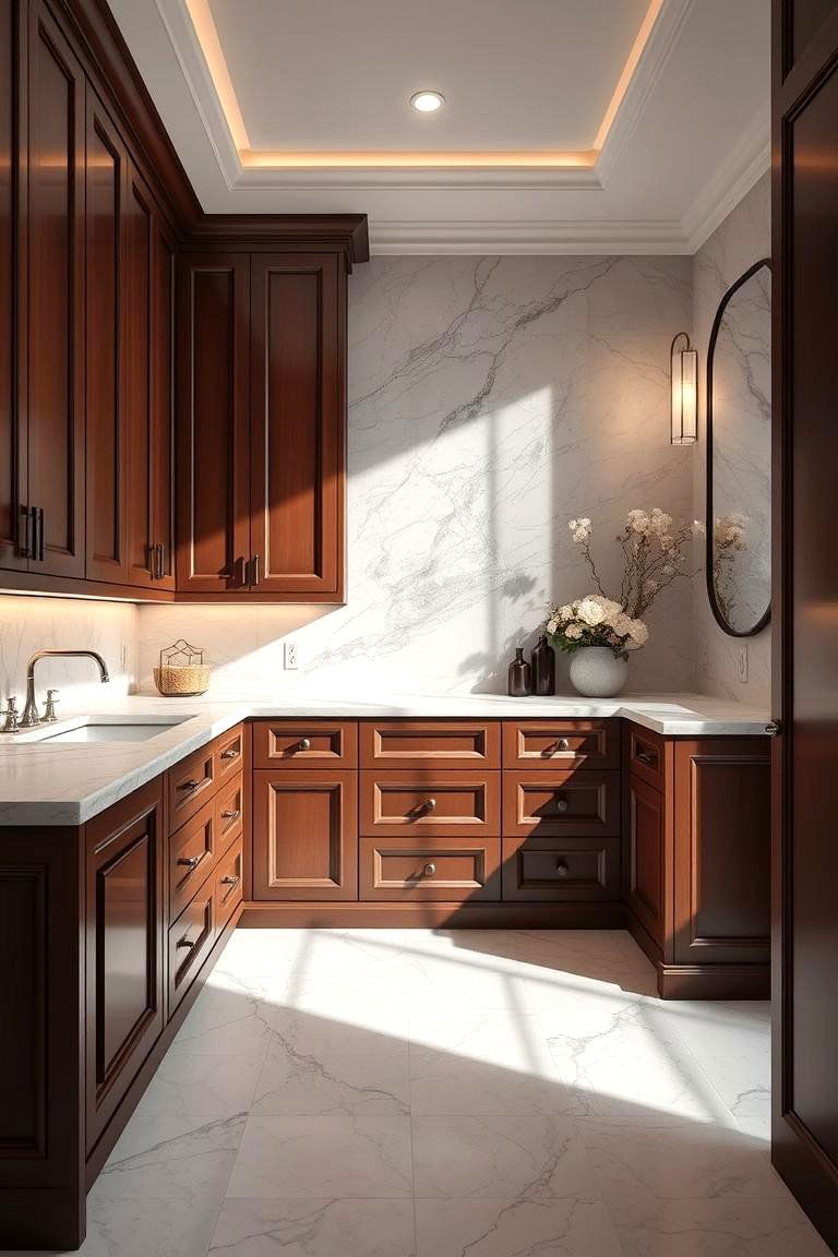 Elegant Brown Cabinetry with White Marble Countertop - 24 Brown and White Bathroom Ideas