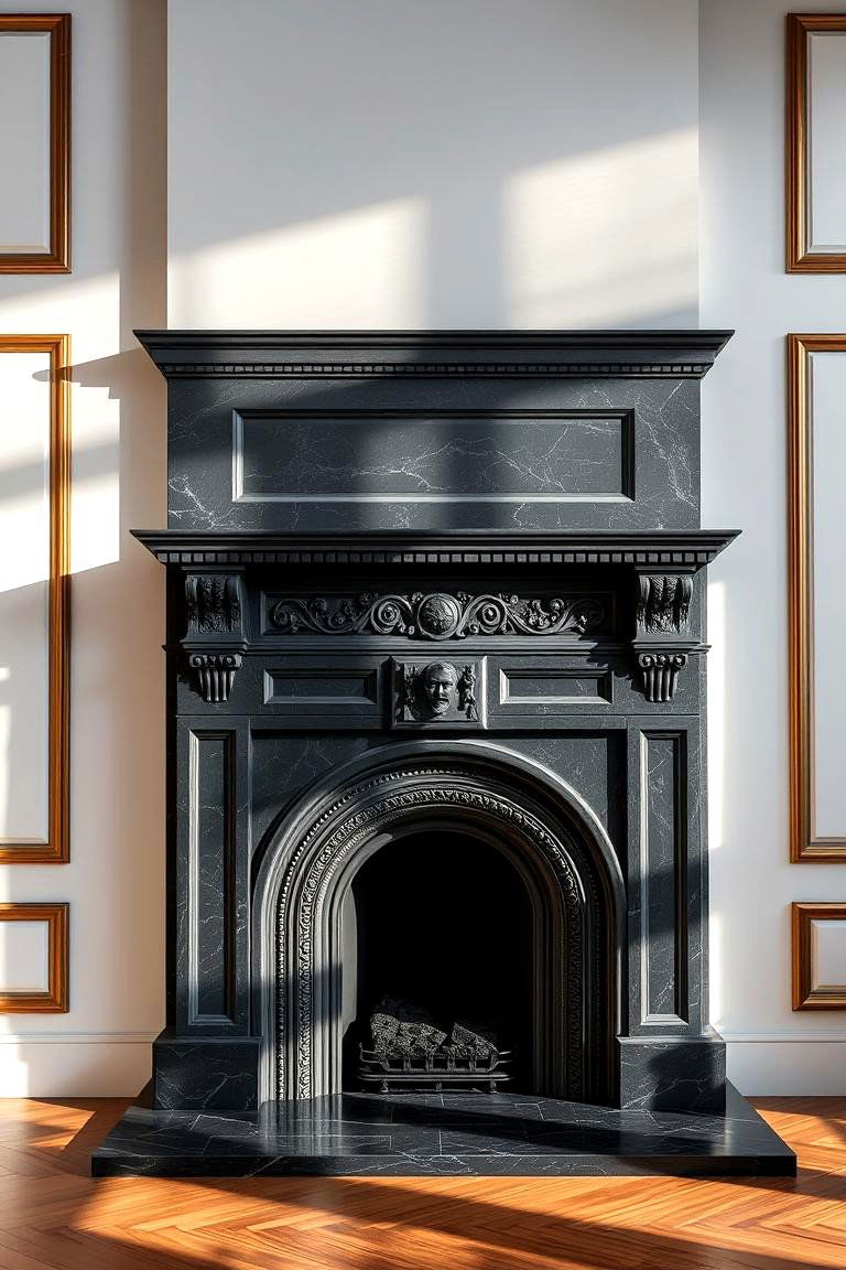 Elegant Carved Accents - 24 Black Stone Fireplace Ideas