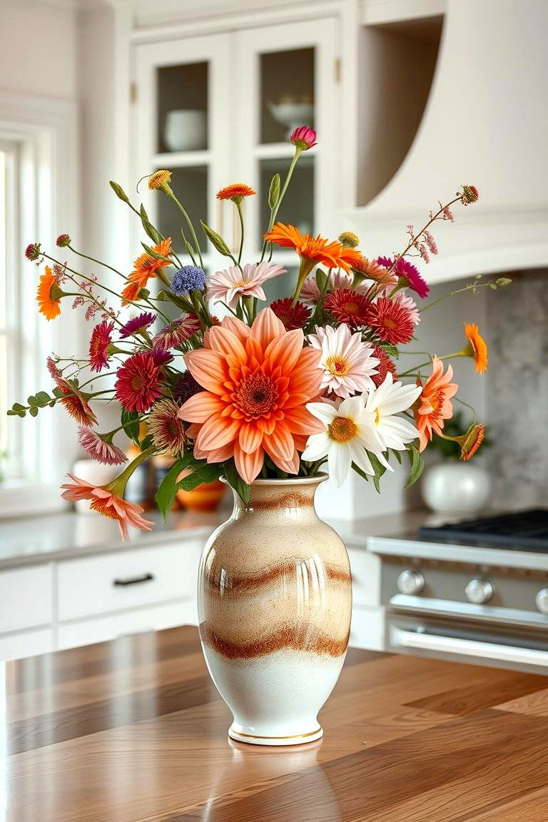Elegant Ceramic Vase with Seasonal Blooms - 24 Kitchen Island Centerpiece Ideas